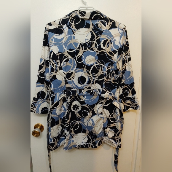 Tribal Button Up Coat Jacket 3/4 Sleeve Belted Trench Geometric Blue Size 8 - Picture 2 of 10